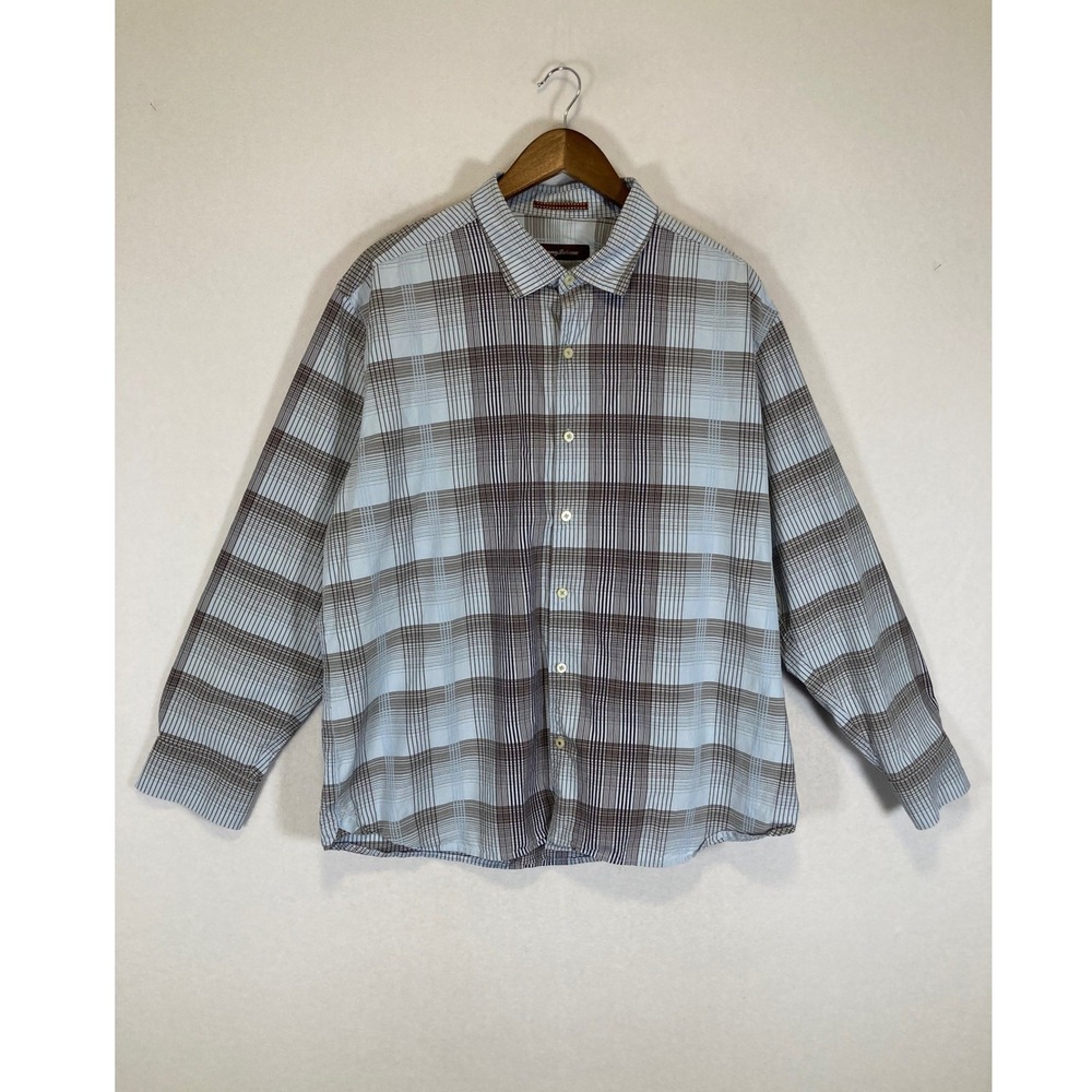 Coastal Plaid Tommy Bahama Mens XL Blue Brown Cotton Silk Long Sleeve Shirt